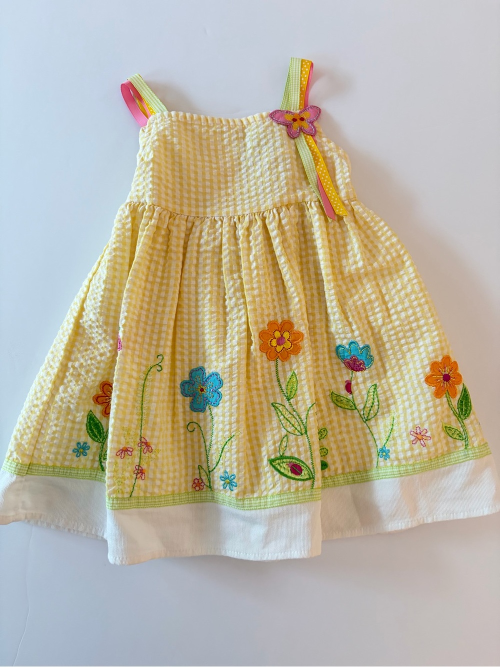 Youngland Yellow Floral Seersucker Sundress with Ribbon Straps